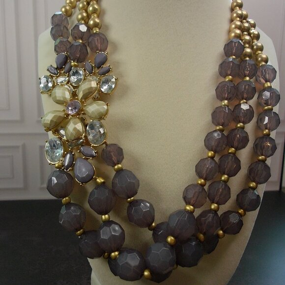 VTG Inspired 3 Strand Statement Necklace with Large 3D Offset Sparkling Flower - Picture 1 of 9